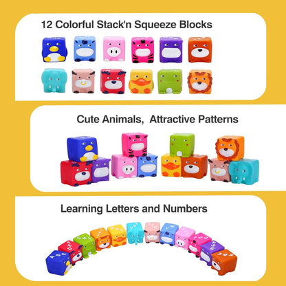 Soft Baby Blocks – Stacking & Building Toys for Babies and Toddlers – 12 No Hole Squeeze Animals Blocks – Sensory Teething Toys for Infant 6 Months+
