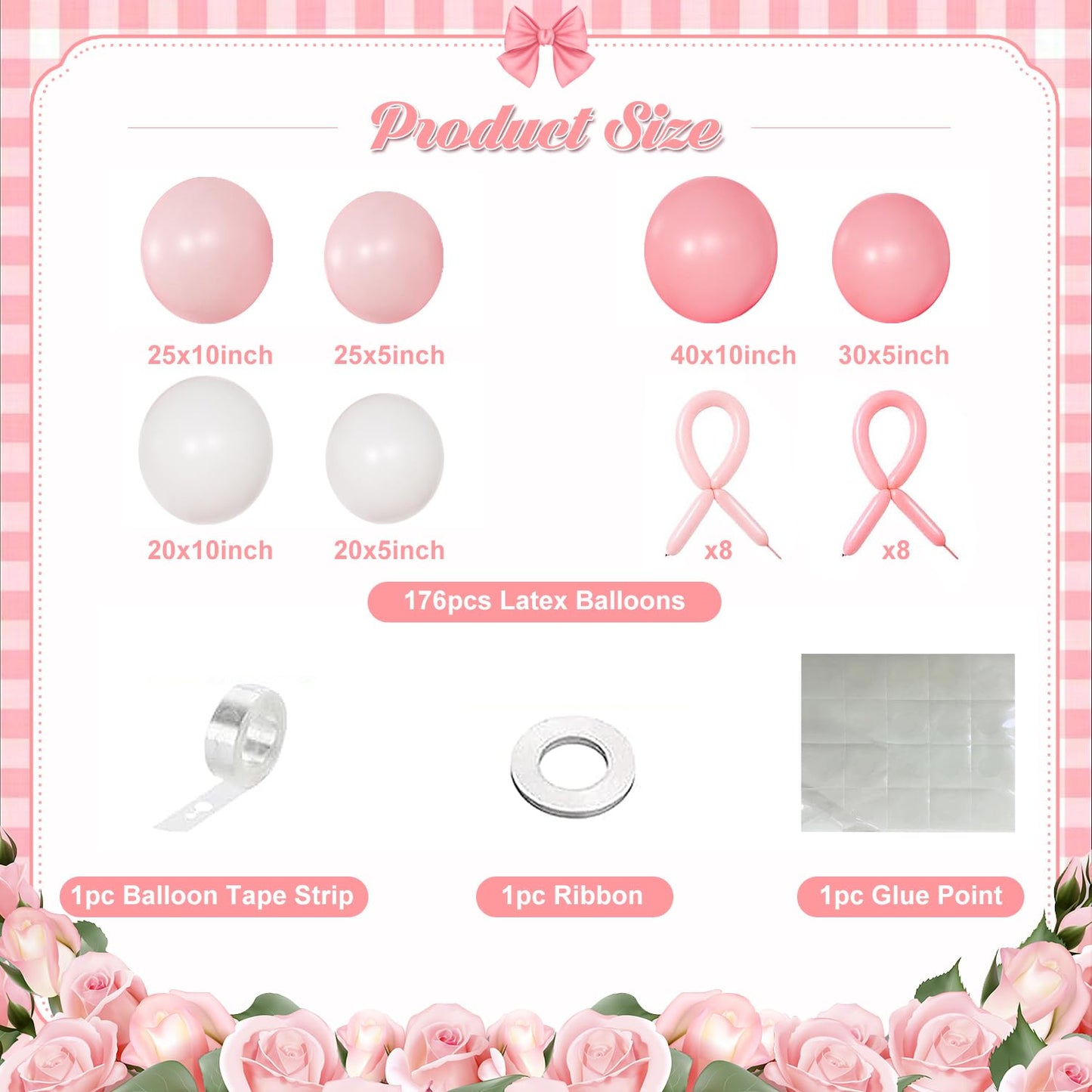 Pink Balloon Garland Arch Kit, Coquette Birthday Decorations 176Pcs Bow Long Balloons White and Pink Different Sizes for Wedding Bridal Baby Shower Bachelorette Party