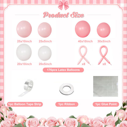 Pink Balloon Garland Arch Kit, Coquette Birthday Decorations 176Pcs Bow Long Balloons White and Pink Different Sizes for Wedding Bridal Baby Shower Bachelorette Party