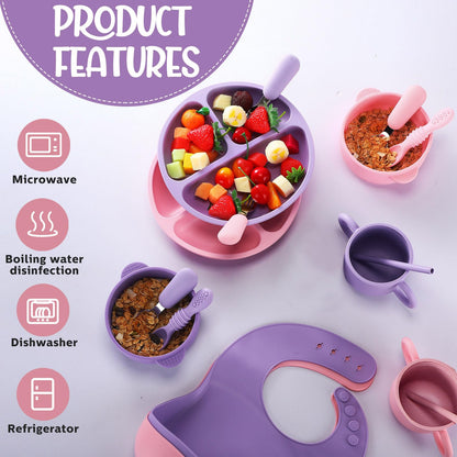 16 Pcs Baby Led Weaning Supplies Silicone Baby Feeding Set Plates with Suction Utensils with Divided Adjustable Bib Bowl Cutlery Snack Cup Spoons Straw 6 Months+(Purple, Pink)