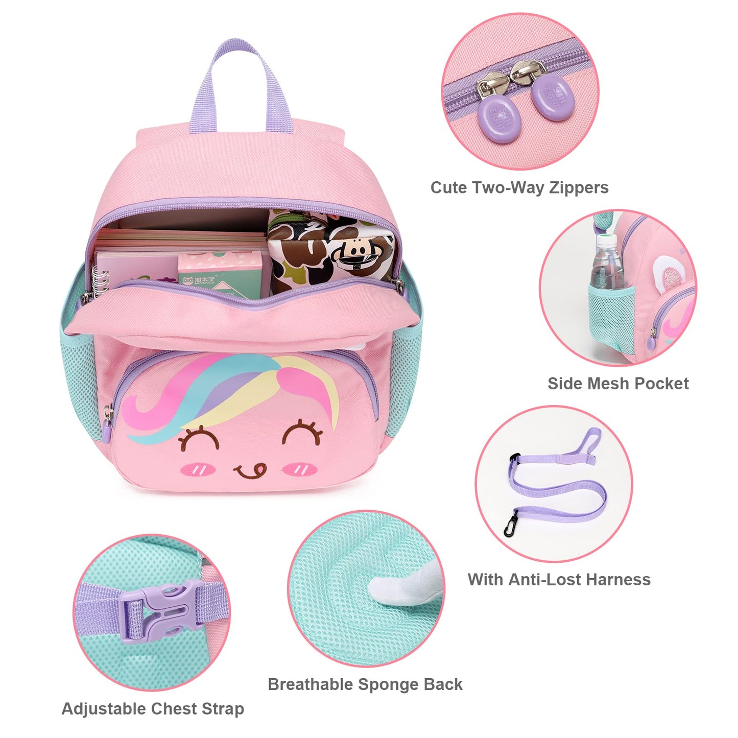 SUN EIGHT Preschool Backpack with Anti-Lost Harness Toddler Backpack School Bag 3D Cartoon Lunch Backpack for Toddler Girls 1-4 Years(Butterfly)