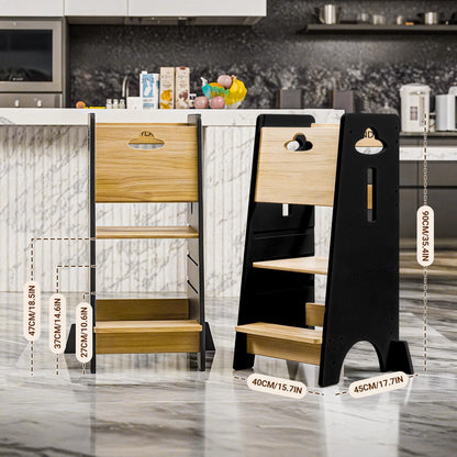 COSYLAND Toddler Standing Tower Adjustable Height - Super Stable Kids Kitchen Stool Helper - 3 Levels Adjustable Wooden Toddler Kitchen Stool (Natural & Navy Blue)