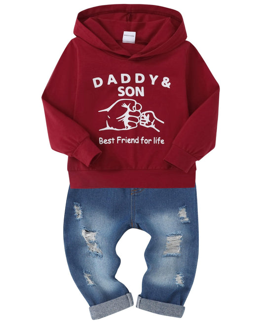 WESIDOM Baby Boy Clothes, Long Sleeve Printing Hoodie With Jeans Pants Outfits Set