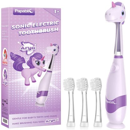 Papablic Toddler Sonic Electric Toothbrush Kids for Ages 1-3 Years, Baby Electric Toothbrush with Cute Unicorn Cover and Smart LED Timer, 4 Brush Heads (Doris)