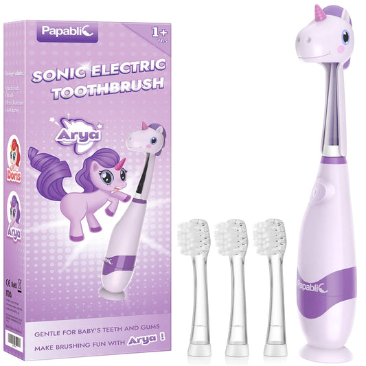 Papablic Toddler Sonic Electric Toothbrush Kids for Ages 1-3 Years, Baby Electric Toothbrush with Cute Unicorn Cover and Smart LED Timer, 4 Brush Heads (Doris)