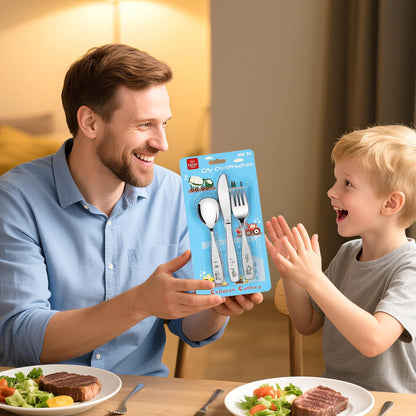 Lehoo Castle Kids Silverware Stainless Steel 6 Piece - Toddler Spoons and Forks Knife Set, Metal Kids Cutlery Set, Toddler Utensils Self Feeding (Dinosaur World)