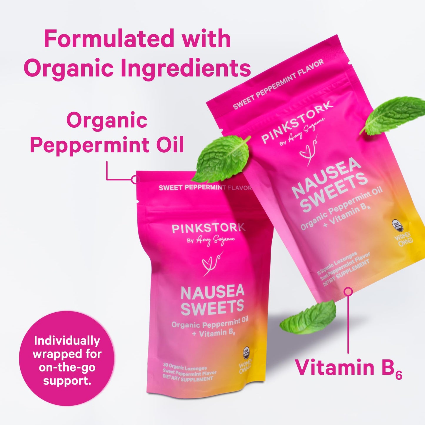 Pink Stork Organic Peppermint Sweets for Morning Sickness and Motion Sickness Support, Added Vitamin B6, 1st Trimester Pregnancy Must Haves - 30 Wrapped Peppermint Candies