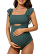 Charmo Ruffle Maternity Bathing Suits for Women Ribbed Tie Knot Maternity Swimsuit Cutout Ruched Pregnancy Swimwear