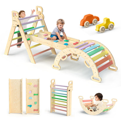 BlueWood Pikler Triangle Set 7-in-1 Foldable Baby Climbing Wooden Toys with Arch&Ramp&Ladder Climber Indoor Jungle Gyms for Toddlers - Rainbow