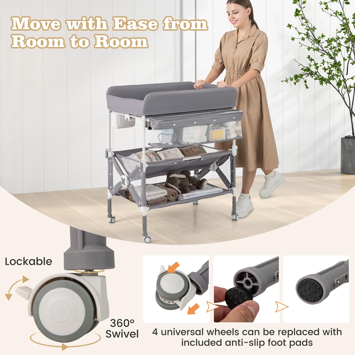 BABY JOY Portable Baby Changing Table, Foldable Waterproof Diaper Changing Station w/Wheels, Adjustable Height, Storage Basket, Shelves & Trash Bin, Mobile Nursery Organizer for Newborn Infant, Beige