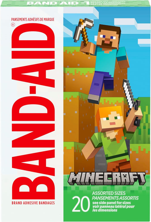 Band-aid Brand Adhesive Children's Bandages for Minor Cuts & Scrapes, Wound Care Featuring Minecraft Designs, Fun Bandages for Kids and Toddlers, Assorted Sizes, 20 ct