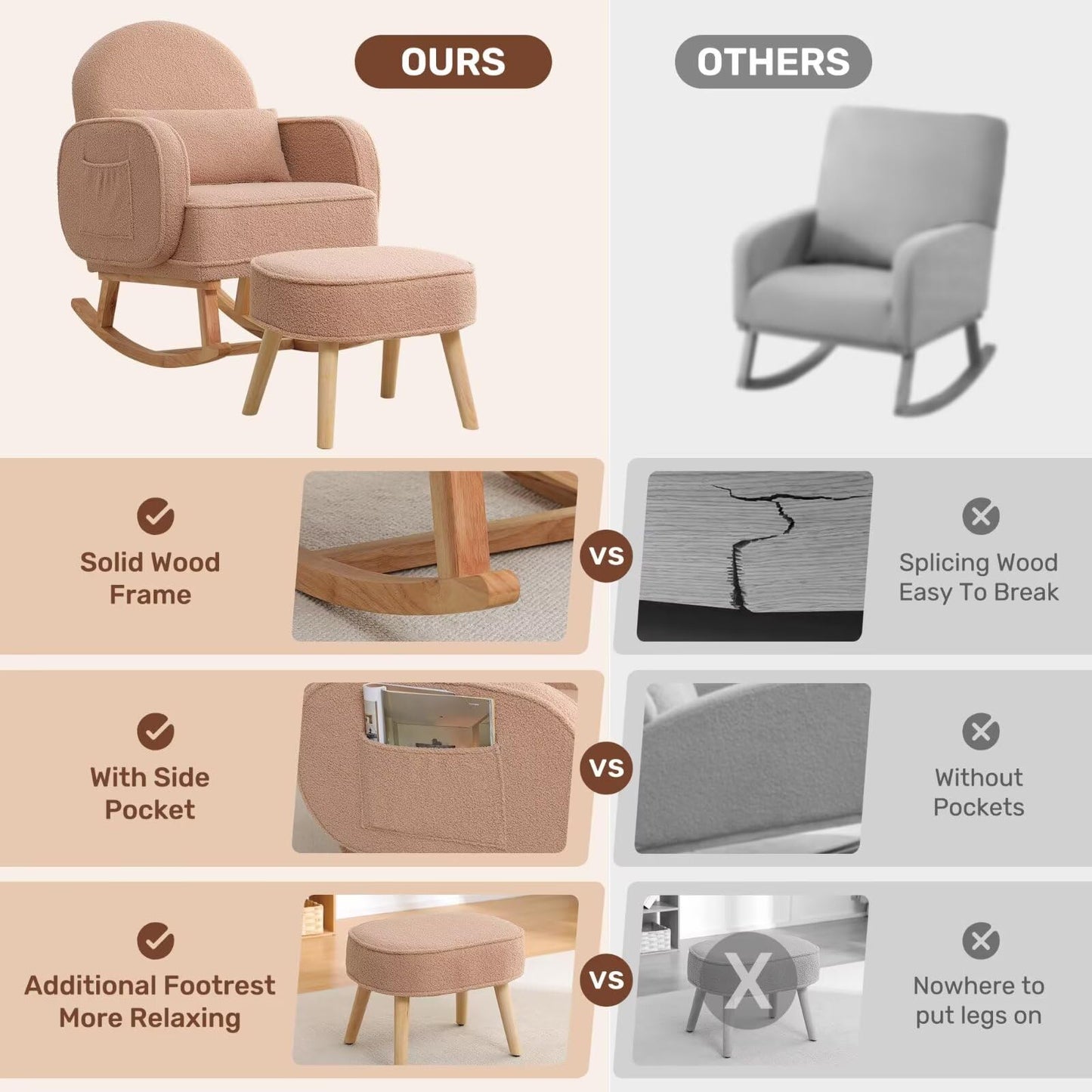 Rocking Chair with Ottoman, Upholstered Glider Rocker with High Backrest and Side Pocket, Rocking Accent Armchair with Solid Wood Legs for Nursery, Living Room, Bedroom Green