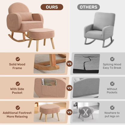 Rocking Chair with Ottoman, Upholstered Glider Rocker with High Backrest and Side Pocket, Rocking Accent Armchair with Solid Wood Legs for Nursery, Living Room, Bedroom Green