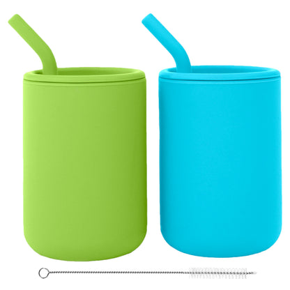 WeeSprout Silicone Baby Cups With Straws and Lids, 4 & 8 oz Options, Set of 2, Food Grade Toddler Training Container, Built In Straw Stoppers, Measurement Markings, Dishwasher Safe + Straw Cleaner