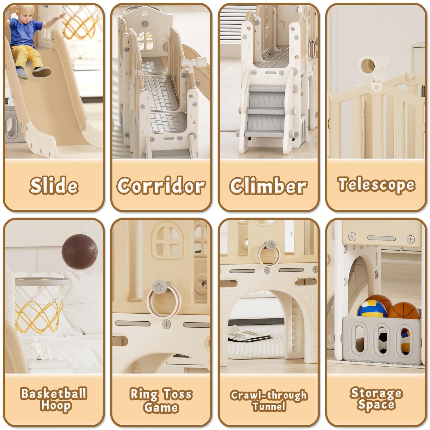 KORIMEFA 8 in 1 Toddler Slide Set, Kids Slide for Toddlers Age 1-3, Toddler Climber PlaySet with Basketball Hoop and Ball, Outdoor Indoor Kids Playground for Toddlers 1-3, Beige