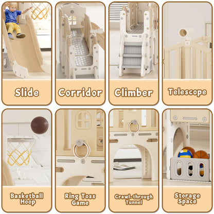 KORIMEFA 8 in 1 Toddler Slide Set, Kids Slide for Toddlers Age 1-3, Toddler Climber PlaySet with Basketball Hoop and Ball, Outdoor Indoor Kids Playground for Toddlers 1-3, Beige