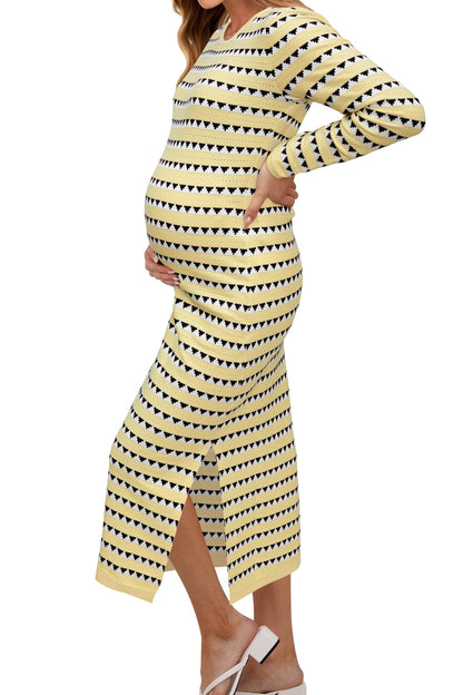 OUGES Women's 2025 Summer Maternity Dress Knit Sleeveless Crewneck Midi Dress Side Slit Striped Bodycon Sweater Dress