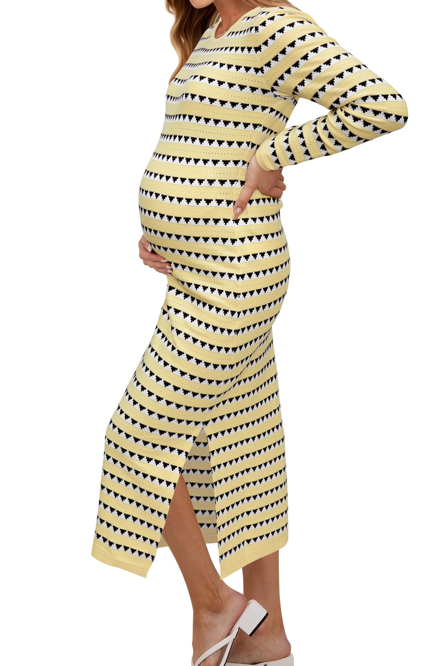 OUGES Women's 2025 Summer Maternity Dress Knit Sleeveless Crewneck Midi Dress Side Slit Striped Bodycon Sweater Dress