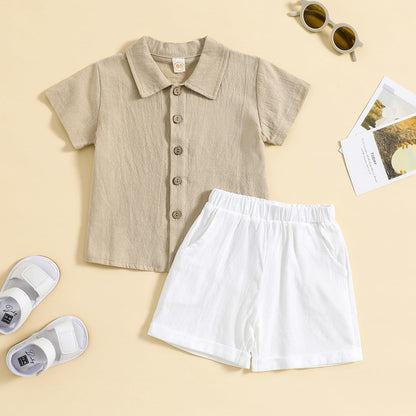 Toddler Baby Boy Linen Outfit Button Down Shirt Plain Shorts Cute Infant Newborn Photoshoot Clothes Summer 2Pcs Set