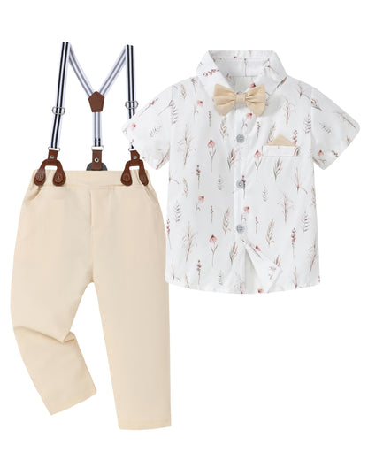 CARETOO Toddler Boy Clothes Suit Gentleman Wedding Outfits Kids Formal Dress Shirt Bowtie Long Suspender Pants Overalls 1-5T