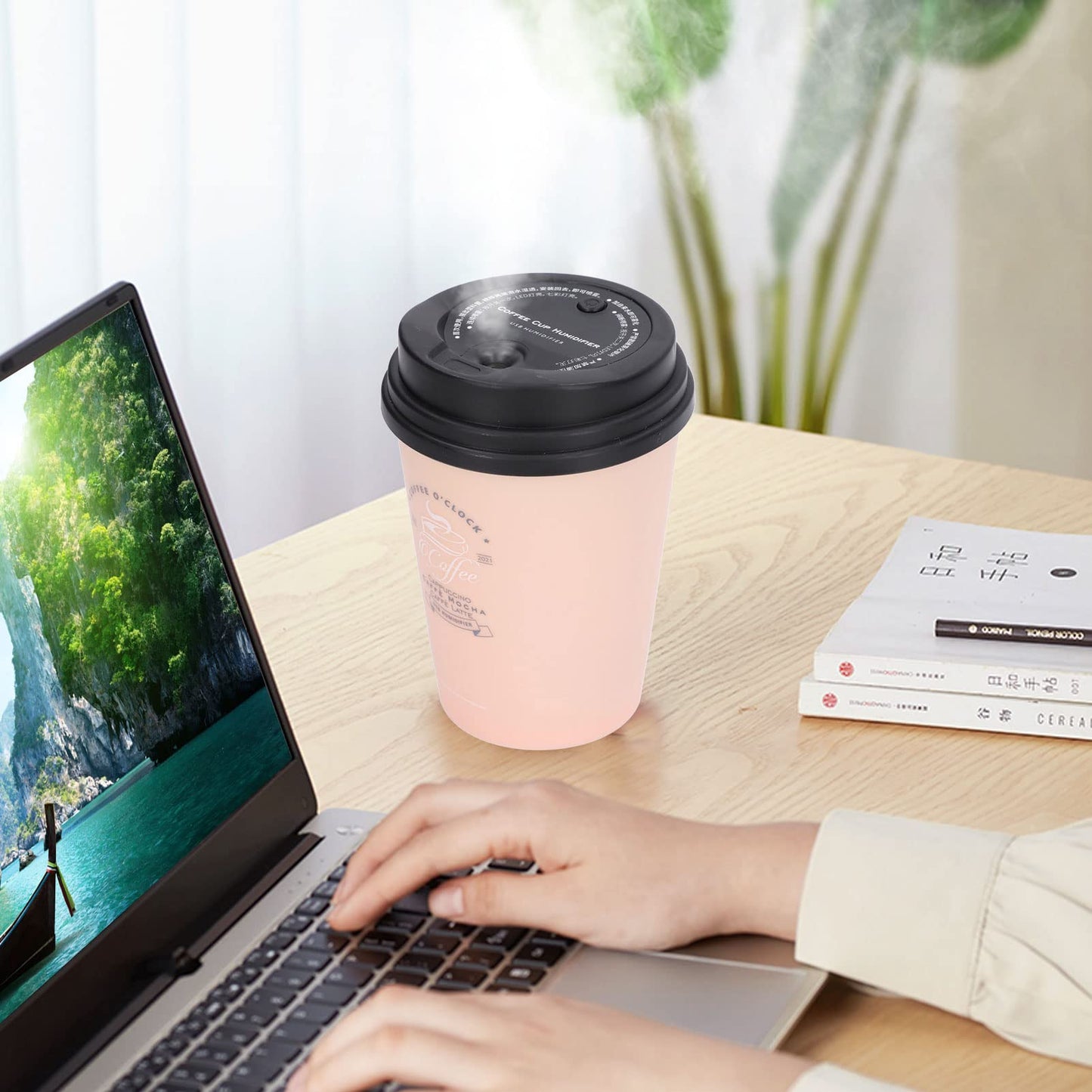 Humidifiers for Bedroom, 300ml Cool Mist Humidifiers, USB Mini Cute Coffee Cup Humidifier, Car Humidifier, Pink Desk Humidifier, Small Humidifier, Low Noise, Auto Shut-Off for Car, Plant, Office(Pink)