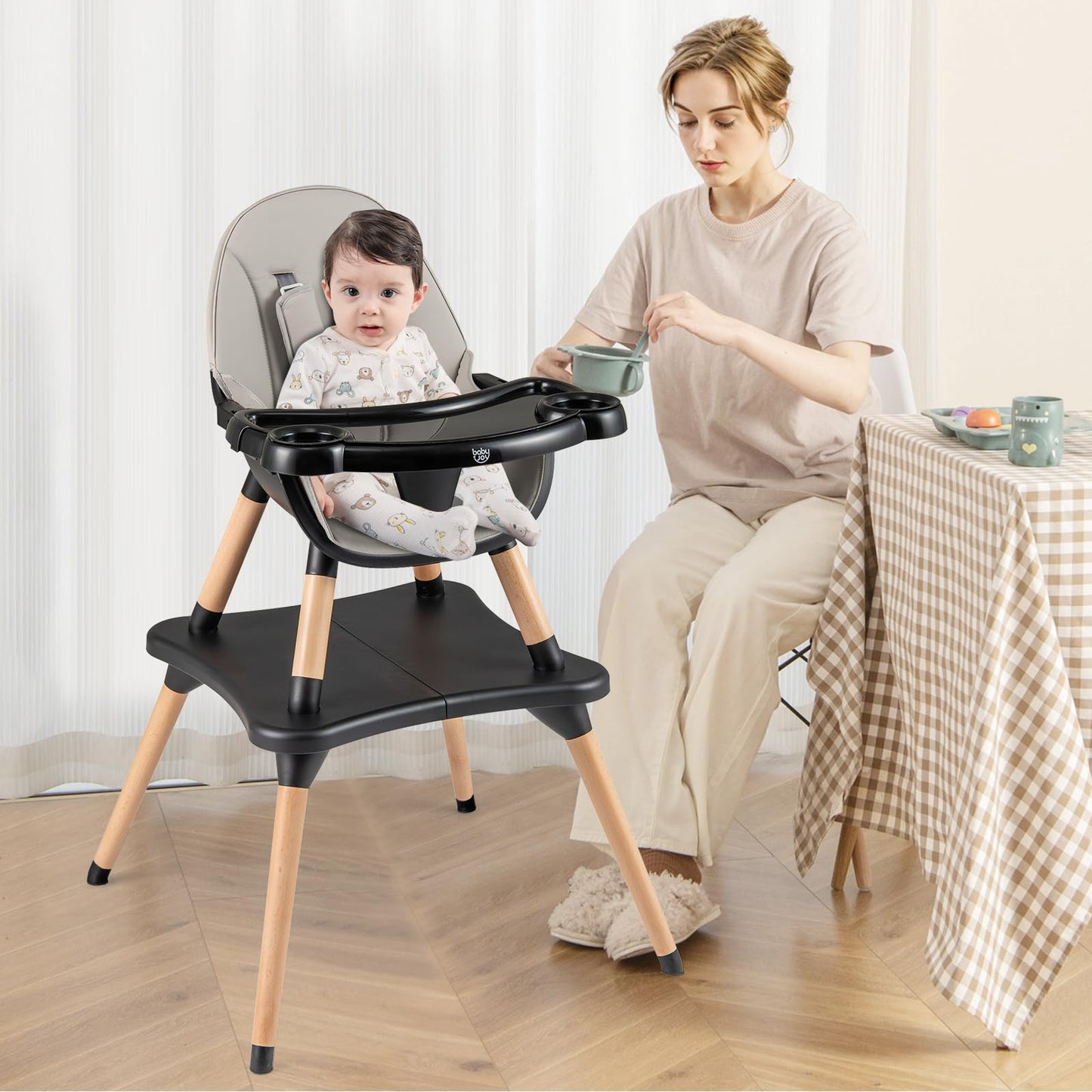 BABY JOY 6 in 1 High Chair, Convertible High Chairs for Babies and Toddlers/Booster Seat/Table and Chair Set, Infant Wooden Highchair w/ 5-Point Harness, 4-Position Removable Tray & PU Cushion, Coffee