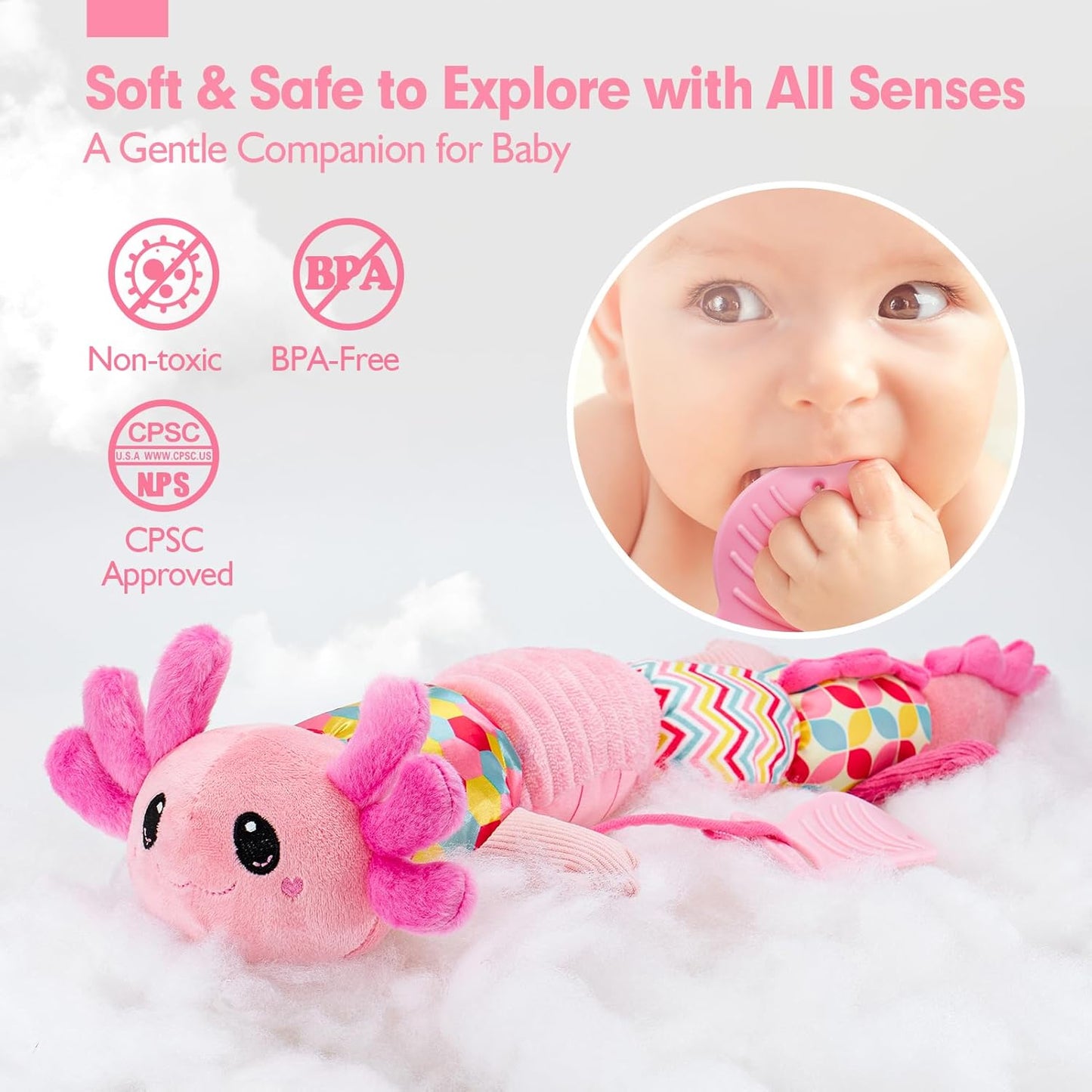 hahaland Tummy Time Toys for Babies 0-6 Months - Musical Axolotl Plush with Rattle, Teether, Mirror, Squeaky, Crinkle - Infant Toys 0-12 Months Baby Gifts