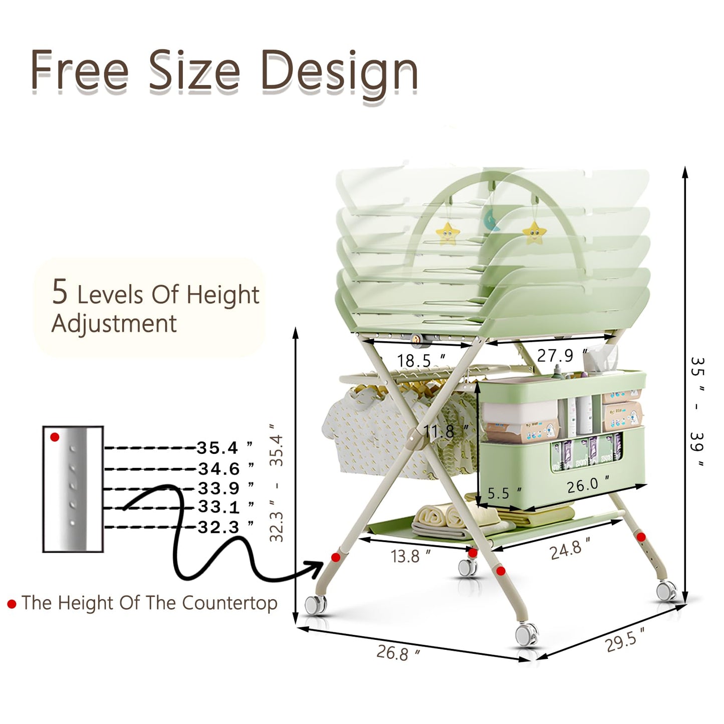 Foldable Portable Changing Table for Baby,Upgraded Style Baby Portable Diaper Changing Station with Wheels,Nursery Five Level Adjustable Height Changing Table with Organizer Storage(Green)