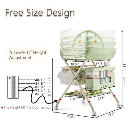 Foldable Portable Changing Table for Baby,Upgraded Style Baby Portable Diaper Changing Station with Wheels,Nursery Five Level Adjustable Height Changing Table with Organizer Storage(Green)