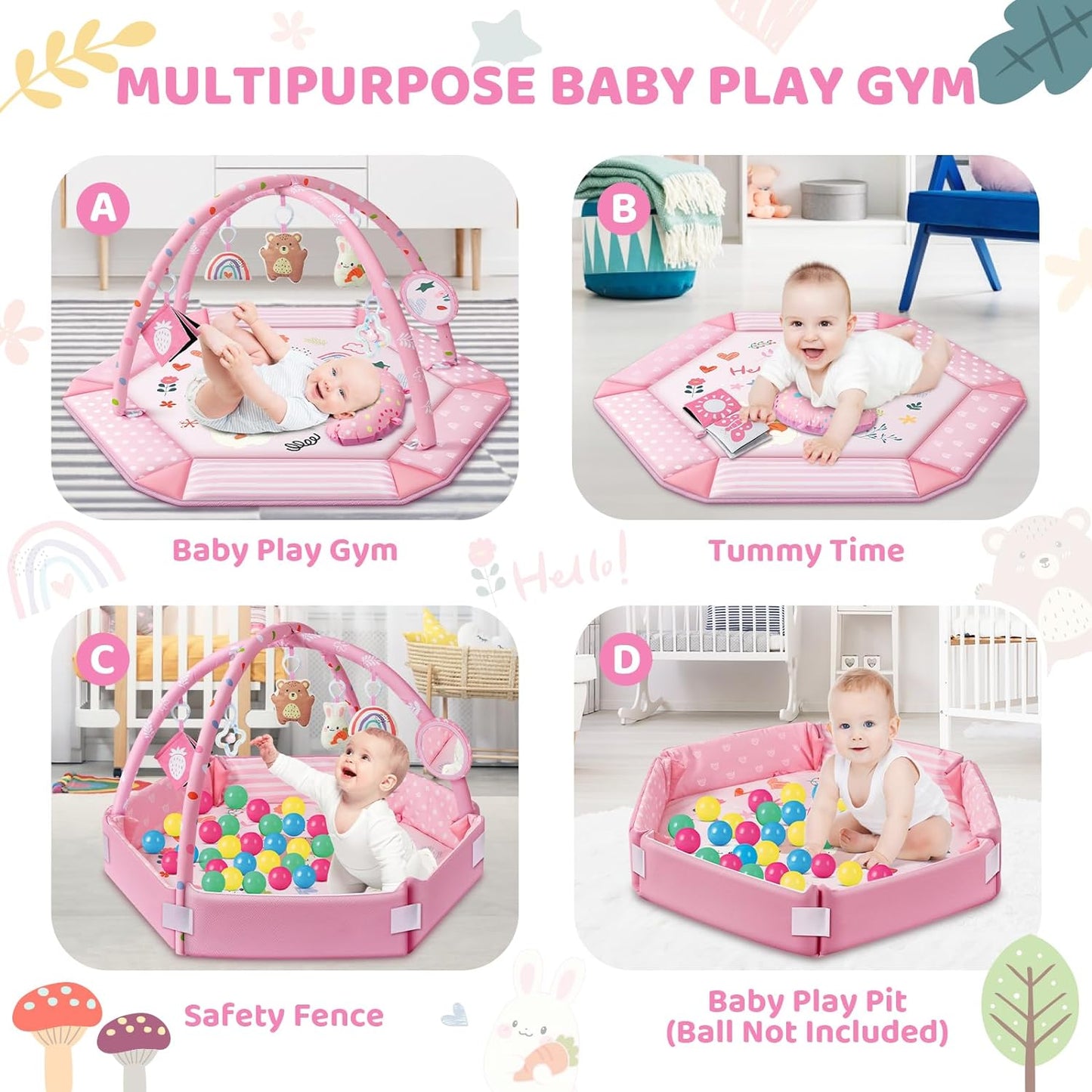Baby Gym Play Mat, 8-in-1 Tummy Time Mat & Ball Pit with 6 Toys, Washable Baby Activity Mat for Visual, Hearing, Sensory, Motor Development, Baby Gift for Newborn Infant 0-3-6-9-12 Months (Pink)
