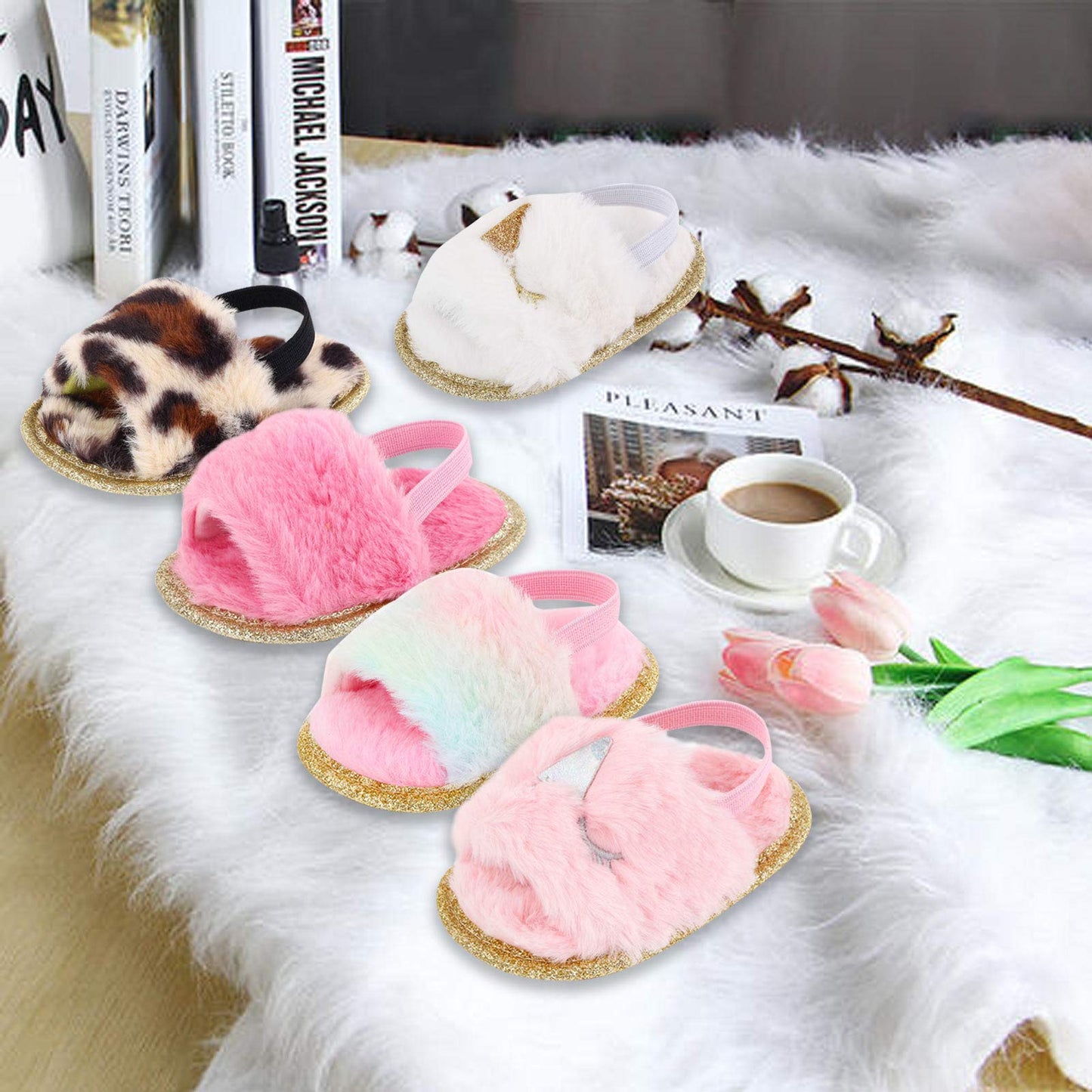 2 Pack Infant Baby Girls Sandals Elastic Back Strap Flats Slippers Soft Toddles Princess Shoes Faux Fur Slides Shoes First Walker House Shoes