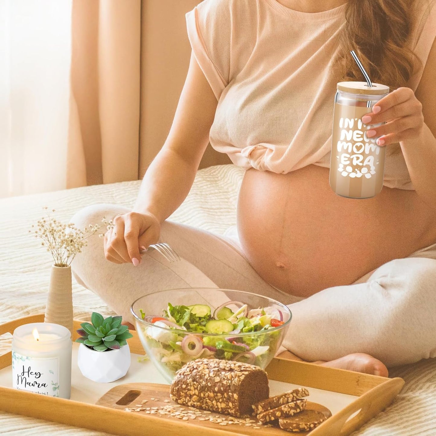 Honeydak New Mom Gifts for Women, Green Leaf Theme Pregnancy Gifts for Expecting Mother, New Mom Care Package After Baby Basket Essentials, Congrats on Postpartum Present with 16 oz Mama Glass Cup