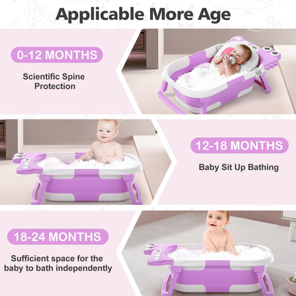 Collapsible Baby Bathtub for Newborn, Foldable Baby Bath Tub with Thermometer & Soft Floating Cushion & Drain Hole, Portable Travel Infant Bath Tubs for Newborns to Toddler 0-36 Months Girl, Pink