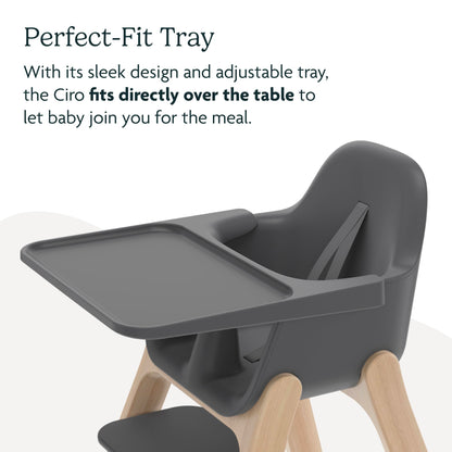 UPPAbaby Ciro High Chair/Sleek, Easy-to-Clean Design/Perfect-Fit Tray to Bring Baby to Table/Patent-Pending Harness/Dual-Position, 180-Degree Rotating Footrest/Caleb (Steel Blue/Rubberwood)