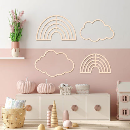 Kathfly4 Pieces Boho Nursery Cloud Star Wall Decor Wooden Babyroom Moon Rattan Wall Decor Wooden Rainbow for Children Baby Kids Boys Girls Bedroom Nursery Pendant(Cloud Moon Star)