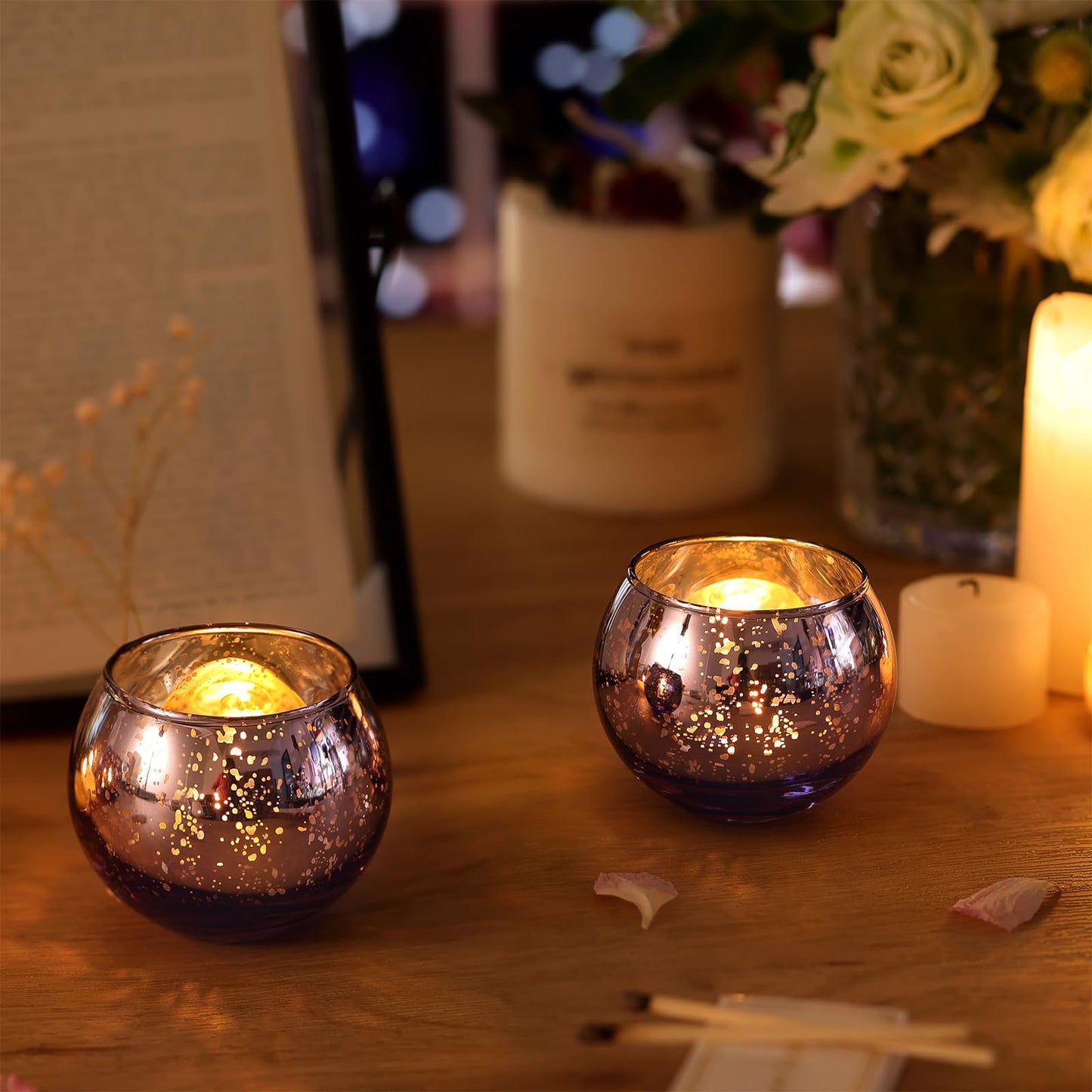 Volens Round Blue Votive Candle Holders Set of 12, Blue Wedding Centerpiece Table Decorations, Mercury Glass Tealight Candle Holder for Bridal Shower, Baby Shower & Home Decor