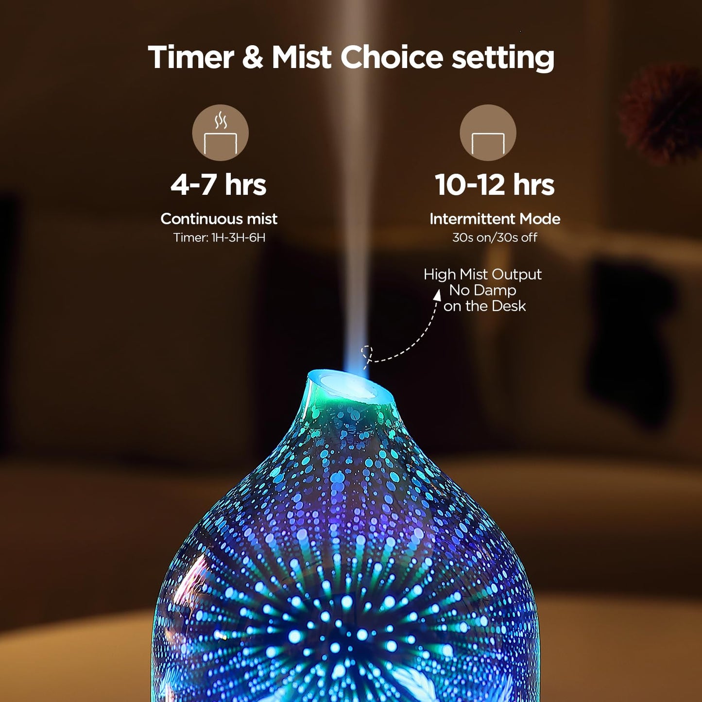 Essential Oil Diffuser Hand Blown Glass Aromatherapy Diffuser - Ultrasonic Cool Mist Scent Aroma Diffuser, Whisper Quiet with Auto Shut-Off, Timer Setting &7 Colors Night Light for Home
