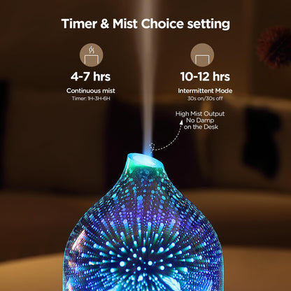 Essential Oil Diffuser Hand Blown Glass Aromatherapy Diffuser - Ultrasonic Cool Mist Scent Aroma Diffuser, Whisper Quiet with Auto Shut-Off, Timer Setting &7 Colors Night Light for Home