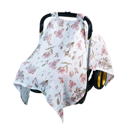 100% Muslin Summer Baby Car Seat Cover, Universal Fit Infant Car Seat Canopy, Breathable & Lightweight Sun, Weather Protection for Boys & Girls