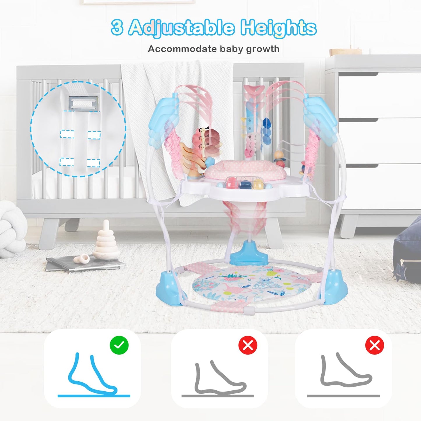 Baby Activity Center, Infant Jumpers and Bouncers with Music, Lights, Infant Toys, 360°Rotating Seat, 3 Adjustable Heights, Baby Play and Learning Center for 6+ Months