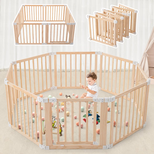 Foldable Wooden Playpen-61"x61"x25"-Large Baby Gate Playpen with Child-Proof Lock-Easy Assembly, Portable Design for Babies & Toddlers- Shape& Size Adjustable Baby Fence Play Area（Multicolor）