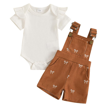 Adobabirl Baby Girl Summer Clothes Ribbed Short Sleeve Romper Bow Print Overalls Shorts Set Infant Cute Summer Outfits
