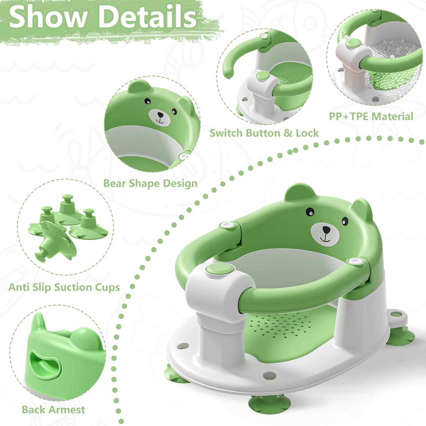 Baby Bath Seat for Babies 6 Months & Up, Toddler Bath Seats for Babies Sitting Up, Non-Slip Infant Bath Tub Chair with 4 Suction Cups & Soft Cushion for Shower, Compact Toddler Bathtub Seat, Pink
