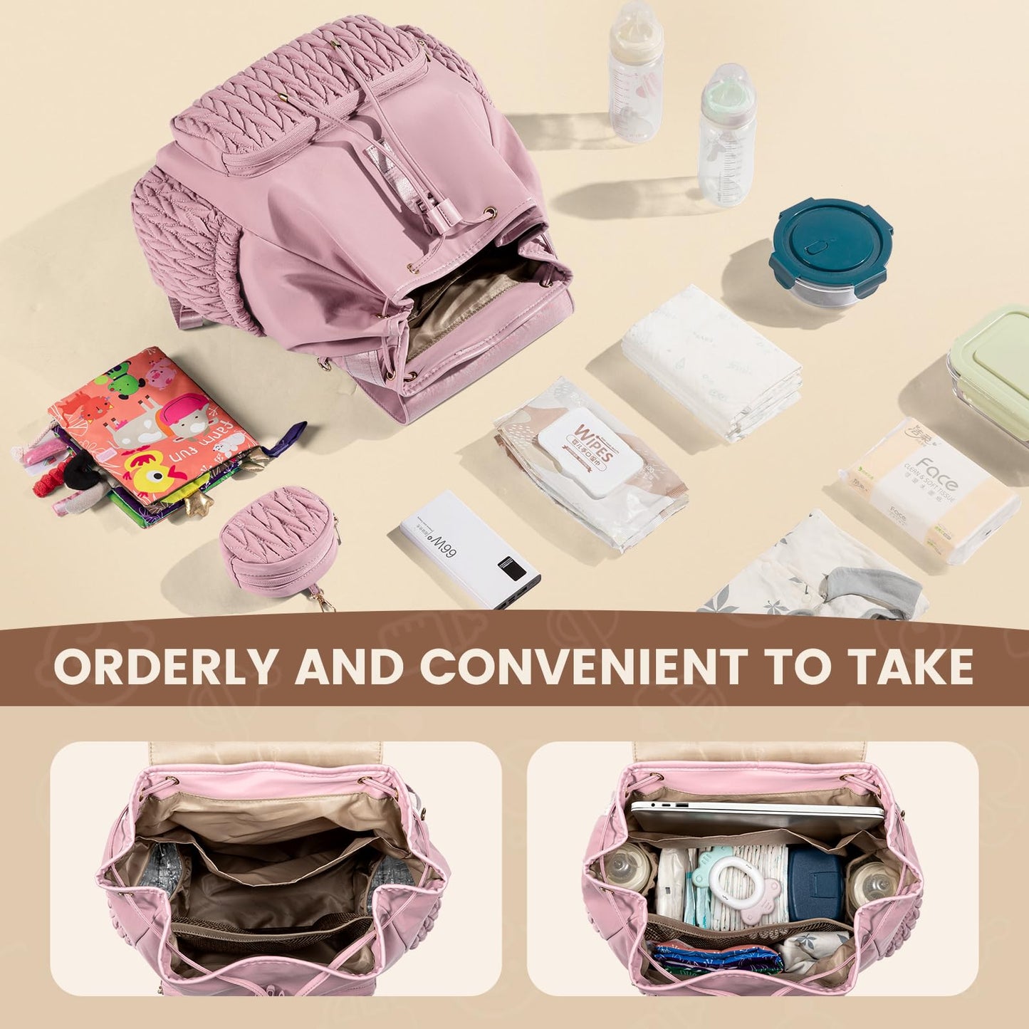 LOVEVOOK Diaper Bag Backpack, Small Baby Bag, Cute Baby Diaper Bag, Stylish Water-Resistant Travel Baby Bag for Mom, Baby Backpack with Changing Pad, Stroller Straps -Khaki
