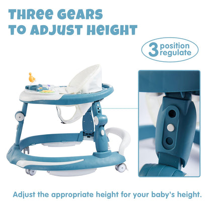 3 in 1 Baby Walker, Baby Walkers for Boys and Girls with Removable Footrest, Feeding Tray, Rocking Function & Music Tray(Without Battery), Foldable Activity Walker for Baby 6-18 Months (Blue)