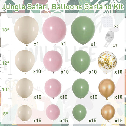 Sage Green Pink Balloon Arch Kit, Olive Green Light Pink Sand White Blush Metallic Gold Balloons with Gold Confetti Balloons for Girl Birthday Woodland Baby Shower Jungle Safari Decorations