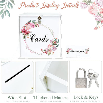 White Wedding Card Box with Lock, Gift Wedding Card Boxes for Reception Money Holder with Rose Sign for Wedding Decorations, Baby Showers, Birthdays, Bridal or Graduation Party Supplies