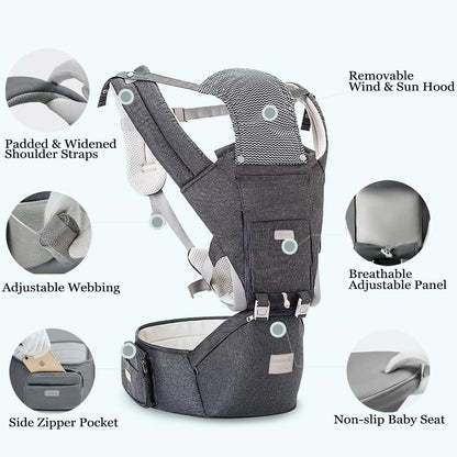 Baby Carrier, Ergonomic 6-in-1 Baby Carrier with Hip Seat for Newborn Infant Toddler, Adjustable Detachable Baby Holder Carrier for Dad Mom