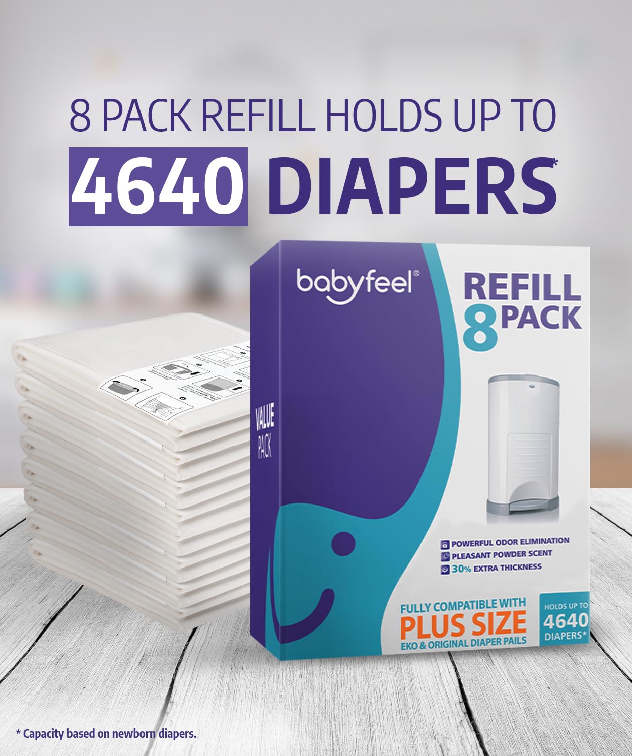 Babyfeel Refills for DEKOR PLUS Diaper Pails, 8 Pack, Exclusive 30% Extra Thickness, Fresh Powder Scent, Holds up to 4640 Diapers