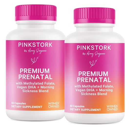 Pink Stork Premium Prenatal Vitamin for Women - Organic Whole-Food Ingredients, Multivitamin & Probiotics - Morning Sickness, Digestion, & Energy - Folate, B6, & Iron - 60 Capsules